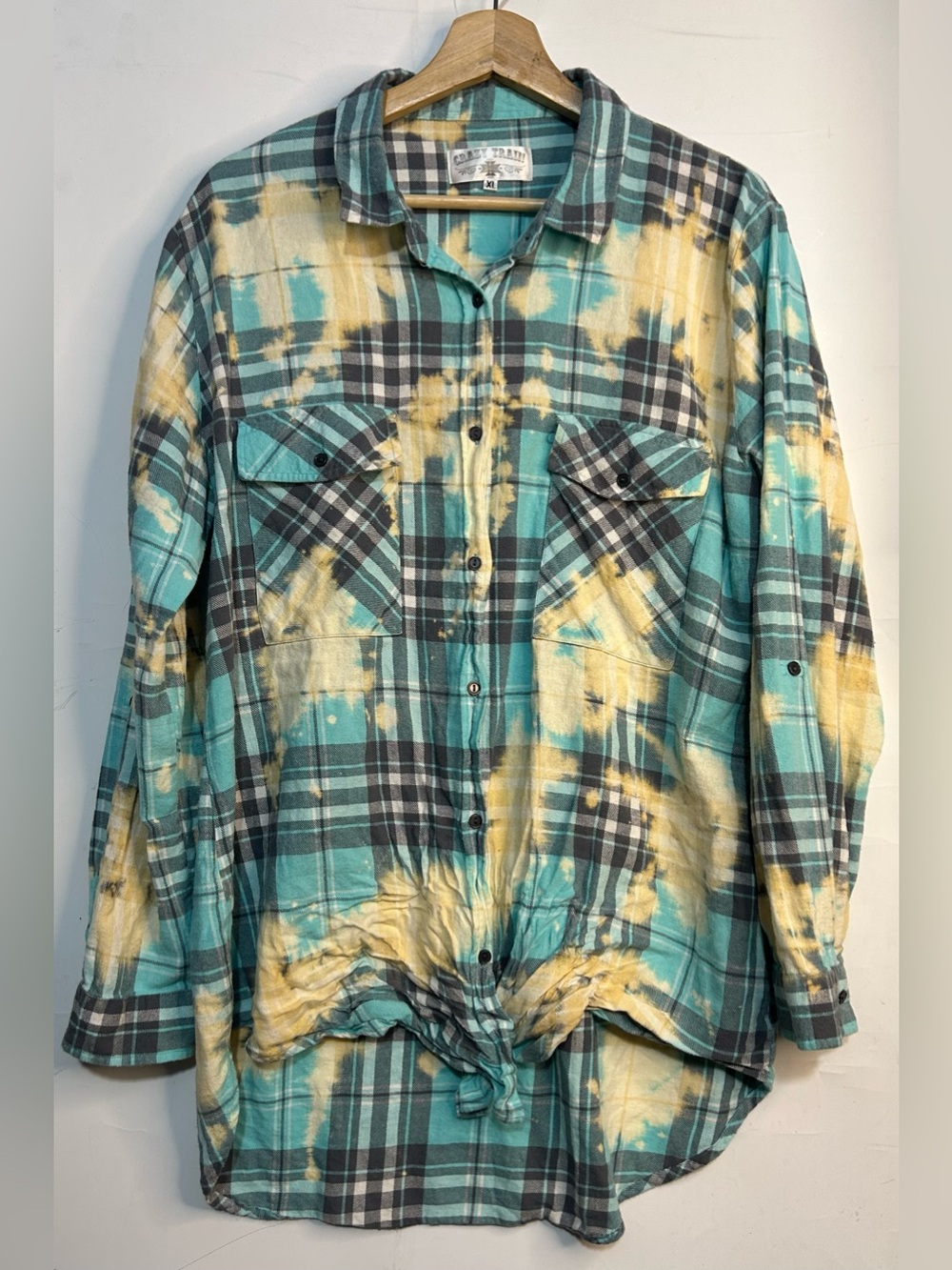 Crazy Train Blue Bleach Washed Plaid Button Front Flannel Shirt XL